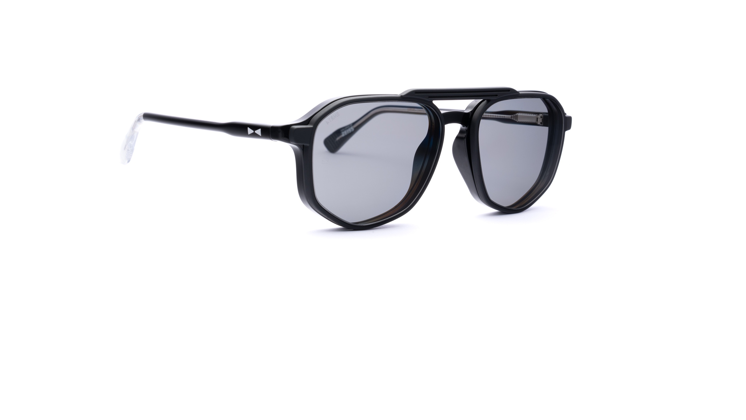 Snob Milano aviator-style sunglasses in dark acetate with a double bridge, geometric flat lenses, side shields, and transparent crystal tips — from the Emir collection.