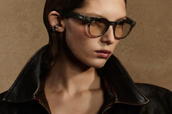 Model wearing Ray-Ban Meta Scriber Optics Gen 2 in Transparent Shiny Stone Beige