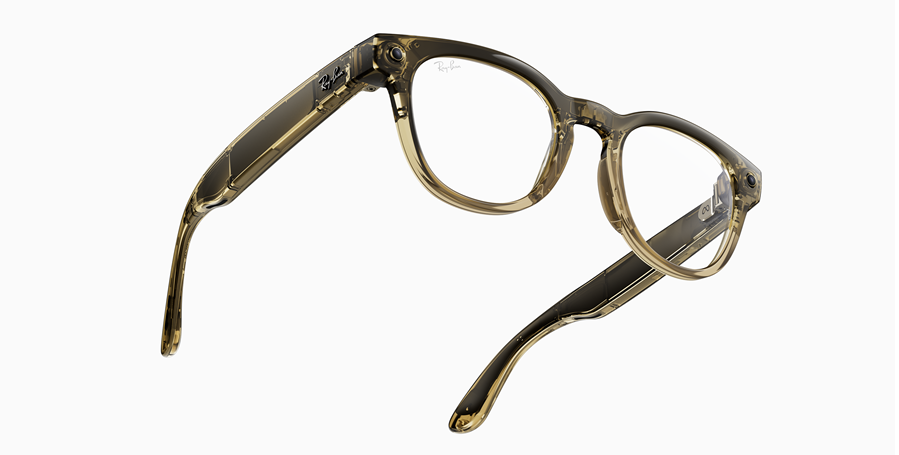 Ray-Ban Meta Scriber Optics Gen 2 in Transparent Shiny Stone Beige with clear lenses, rear quarter view