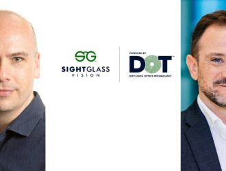 Headshots of David Webley (left) and Fabio Carta (right) flanking the SightGlass Vision and DOT Diffusion Optics Technology logos
