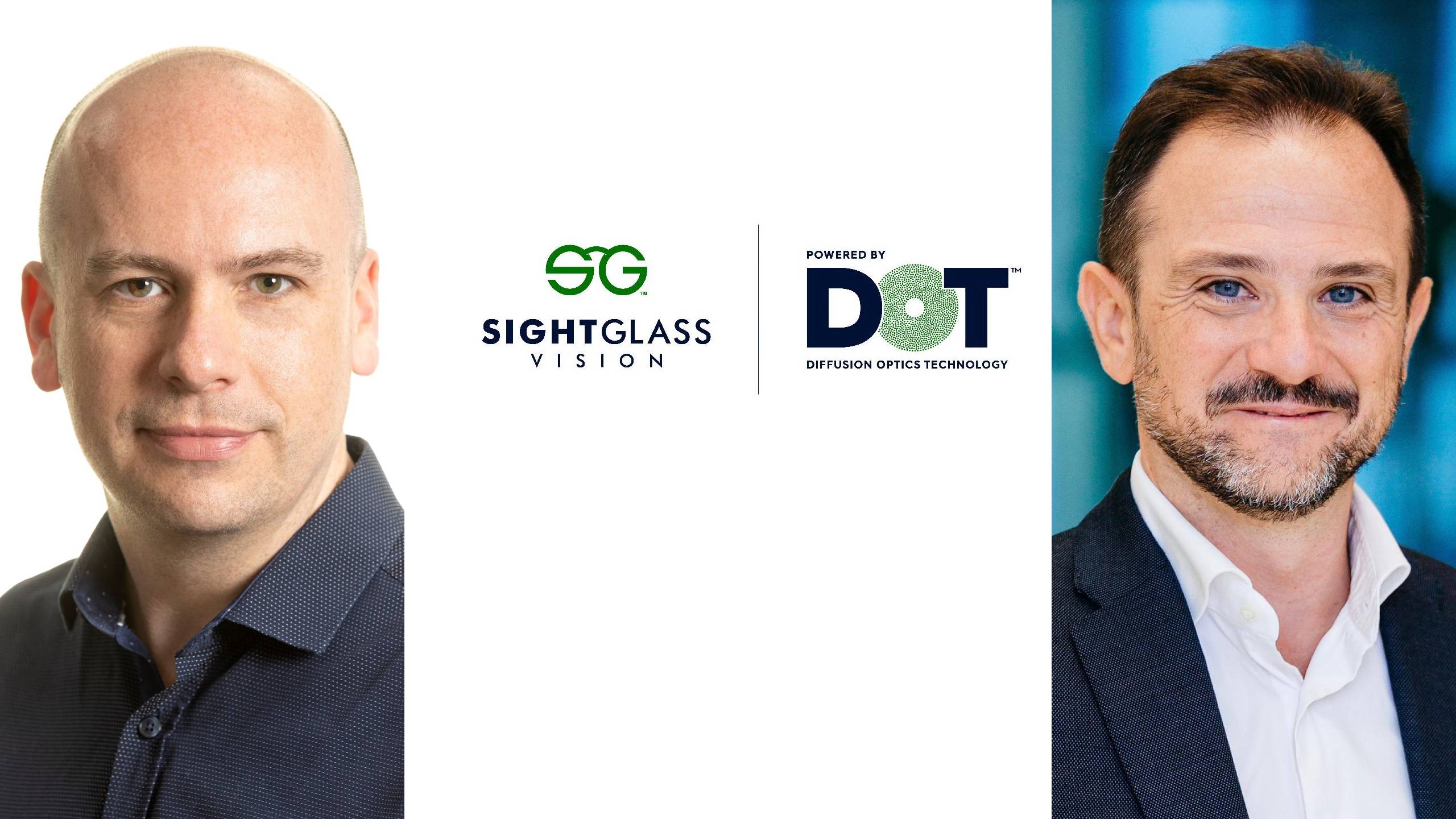 Headshots of David Webley (left) and Fabio Carta (right) flanking the SightGlass Vision and DOT Diffusion Optics Technology logos