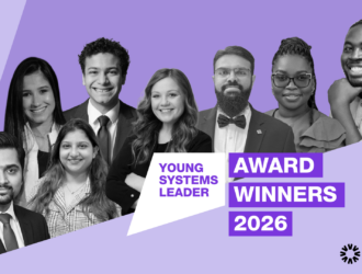 Eight Young Systems Leader Award Winners 2026, featured in black-and-white portraits against a purple background, alongside the IAPB logo and the text "Young Systems Leader Award Winners 2026."