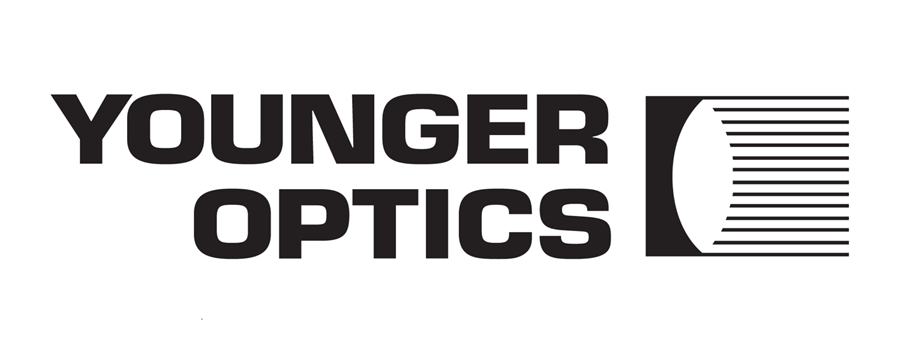 The official logo for Younger Optics, featuring the company name in bold, black capital letters next to a stylized lens graphic composed of horizontal lines.