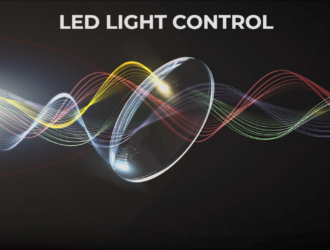 A promotional graphic for LED PRO lenses showing a clear eyeglass lens positioned in front of vibrant, wavy light beams representing different wavelengths. The text "LED LIGHT CONTROL" is centered at the top.