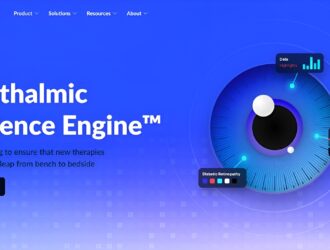 Amaros Ophthalmic Evidence Engine website hero section featuring a stylized blue eye graphic with data overlays.