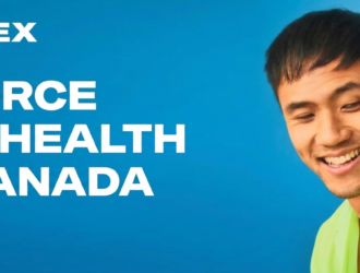 Apotex branding featuring a smiling young man in a lime green shirt against a bright blue background. To the left, the company name 'APOTEX' is displayed in bold white text above the slogan 'A FORCE FOR HEALTH IN CANADA'.