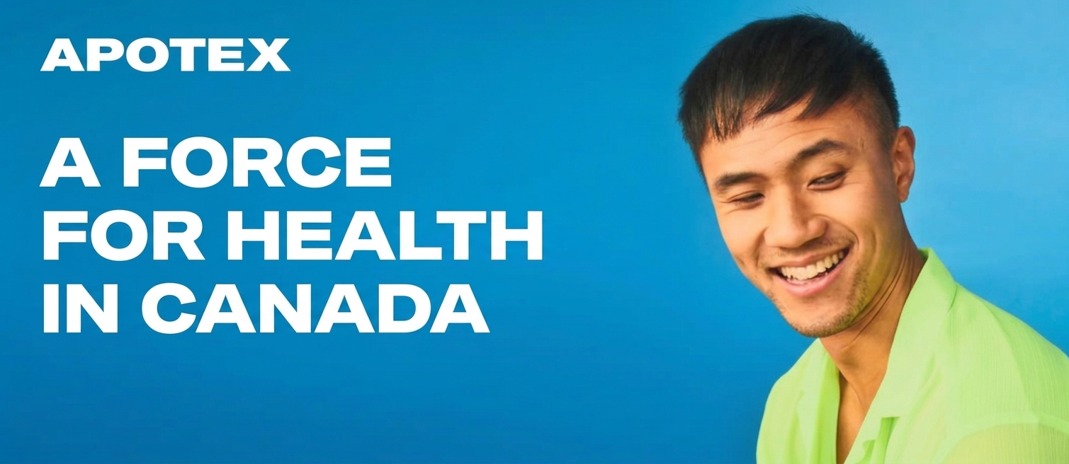 Apotex branding featuring a smiling young man in a lime green shirt against a bright blue background. To the left, the company name 'APOTEX' is displayed in bold white text above the slogan 'A FORCE FOR HEALTH IN CANADA'.