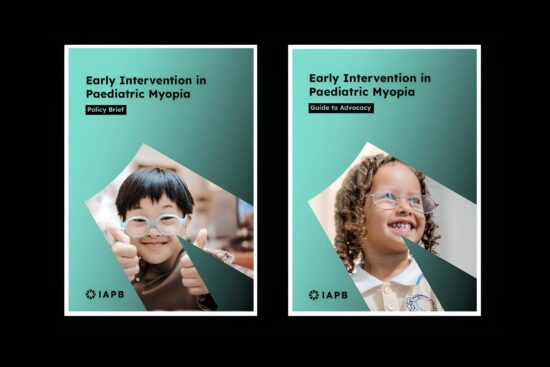 Two side-by-side document covers on a dark background, both titled "Early Intervention in Paediatric Myopia" and published by IAPB. The left cover is labelled "Policy Brief" and features a smiling young boy wearing blue glasses giving a thumbs up. The right cover is labelled "Guide to Advocacy" and features a smiling young girl wearing glasses against a teal geometric background.