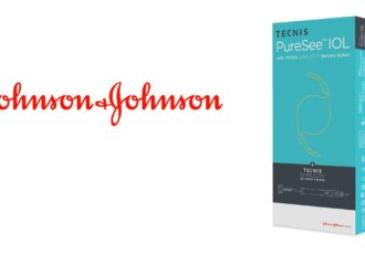 Johnson & Johnson branded logo alongside the TECNIS PureSee IOL teal product box featuring the lens illustration and TECNIS Simplicity Delivery System