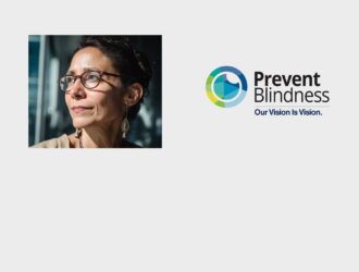 A woman wearing tortoiseshell glasses looks upward thoughtfully, alongside the Prevent Blindness logo with the tagline 'Our Vision Is Vision.
