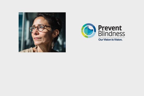 A woman wearing tortoiseshell glasses looks upward thoughtfully, alongside the Prevent Blindness logo with the tagline 'Our Vision Is Vision.
