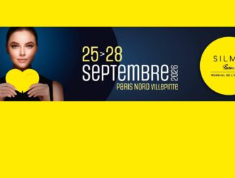 Image 1 (Banner): "Bannière de l'événement SILMO Paris 2026 présentant une femme tenant un objet en forme de cœur jaune sur fond bleu foncé, avec les dates du 25 au 28 septembre 2026, Paris Nord Villepinte, et le logo SILMO Paris Mondial de l'Optique dans un cercle jaune.