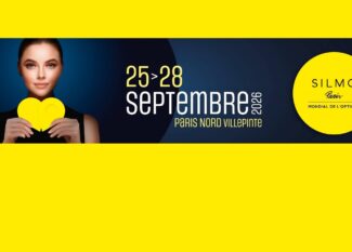 SILMO Paris 2026 event banner featuring a woman holding a yellow heart-shaped object against a dark blue background, with event dates 25–28 September 2026, Paris Nord Villepinte, and the SILMO Paris Mondial de l'Optique logo in a yellow circle.