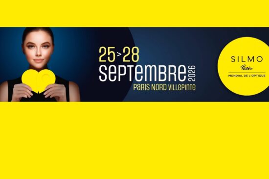 SILMO Paris 2026 event banner featuring a woman holding a yellow heart-shaped object against a dark blue background, with event dates 25–28 September 2026, Paris Nord Villepinte, and the SILMO Paris Mondial de l'Optique logo in a yellow circle.