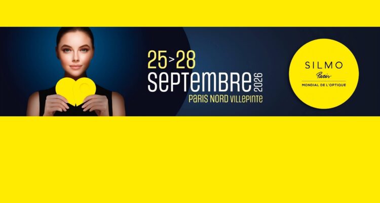SILMO Paris 2026 event banner featuring a woman holding a yellow heart-shaped object against a dark blue background, with event dates 25–28 September 2026, Paris Nord Villepinte, and the SILMO Paris Mondial de l'Optique logo in a yellow circle.