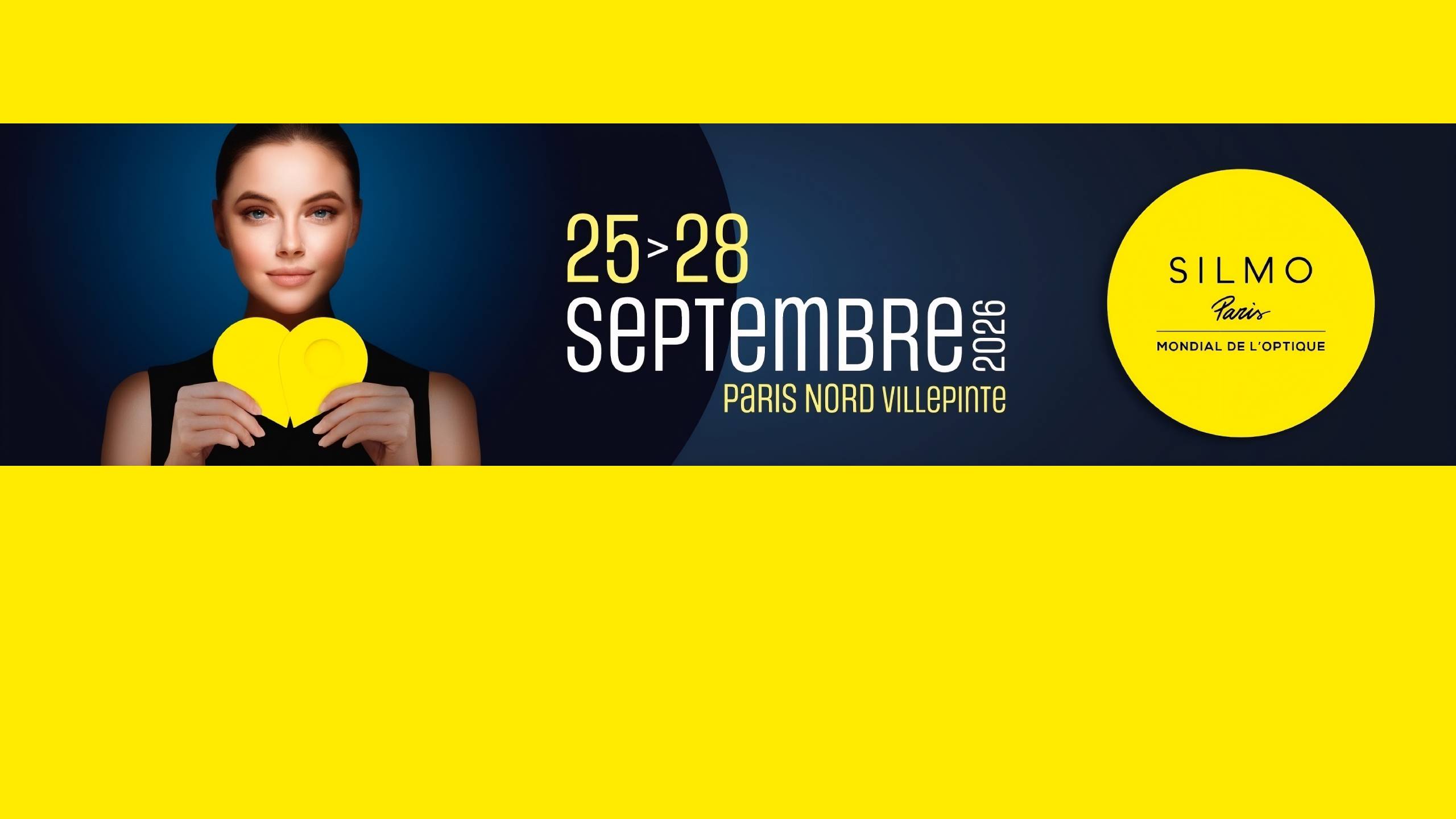 SILMO Paris 2026 event banner featuring a woman holding a yellow heart-shaped object against a dark blue background, with event dates 25–28 September 2026, Paris Nord Villepinte, and the SILMO Paris Mondial de l'Optique logo in a yellow circle.