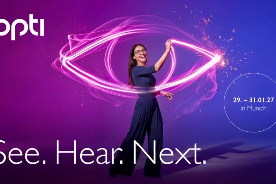 A promotional campaign graphic for opti 2027 featuring a smiling woman in glasses standing against a vibrant purple and blue gradient background. She is holding a glowing, neon pink light trail that forms the shape of a stylized eye around her. The image includes the "opti" logo, the campaign claim "See. Hear. Next.", and the event details: "29. – 31.01.27 in Munich."