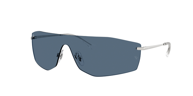 Ray-Ban Alix RB3781 in 003/80 — full-lens shield sunglasses with a silver metal frame and solid blue lenses, offering a Y2K-inspired urban silhouette