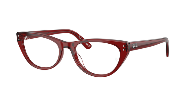 Ray-Ban RX5449D coloris 8464 — montures optiques œil-de-chat en acétate rouge profond translucide, issues de la collection Asian Design, avec un pont bas et des rivets iconiques