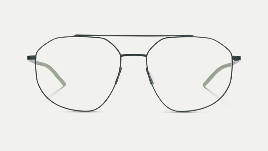 Vue de face d'une monture de lunettes aviateur fine à double pont en métal vert foncé avec des embouts de branches vert sauge clair, sur fond neutre clair.