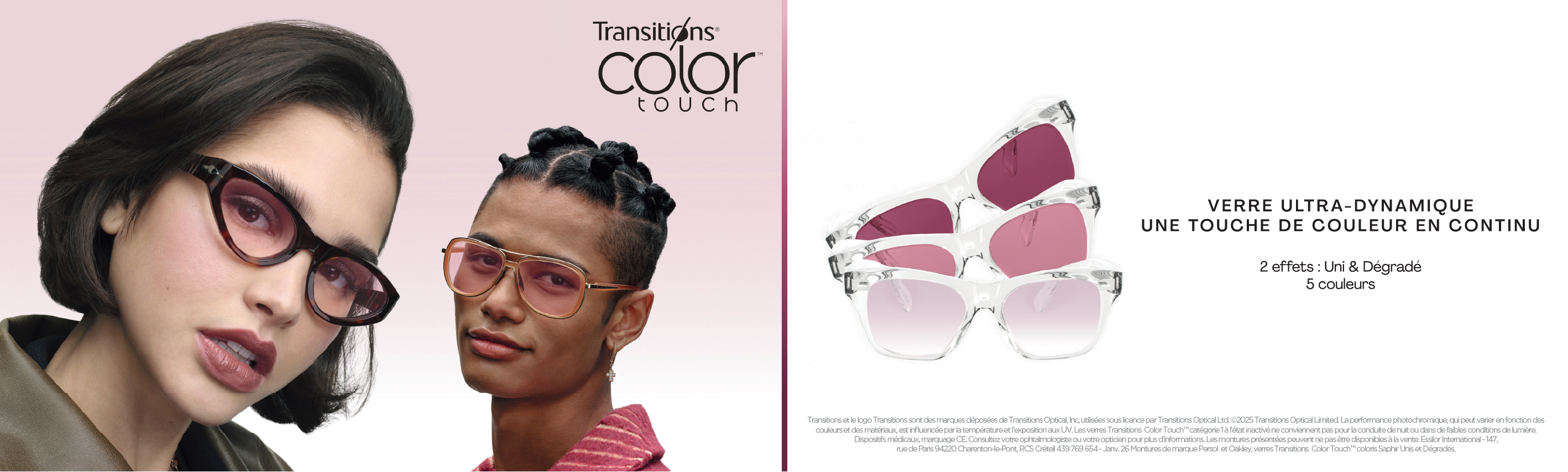 Publicité pour Transitions® Color Touch™. Deux mannequins portant des lunettes tendance — l'un avec une monture aviateur dorée, l'autre avec des lunettes œil-de-chat en écaille — sur fond clair. À côté, une pile de lunettes à montures transparentes avec des verres teintés bleus en effets Uni et Dégradé. Le texte indique : Verre ultra-dynamique, une touche de couleur en continu. 2 effets : Uni & Dégradé. 5 couleurs.