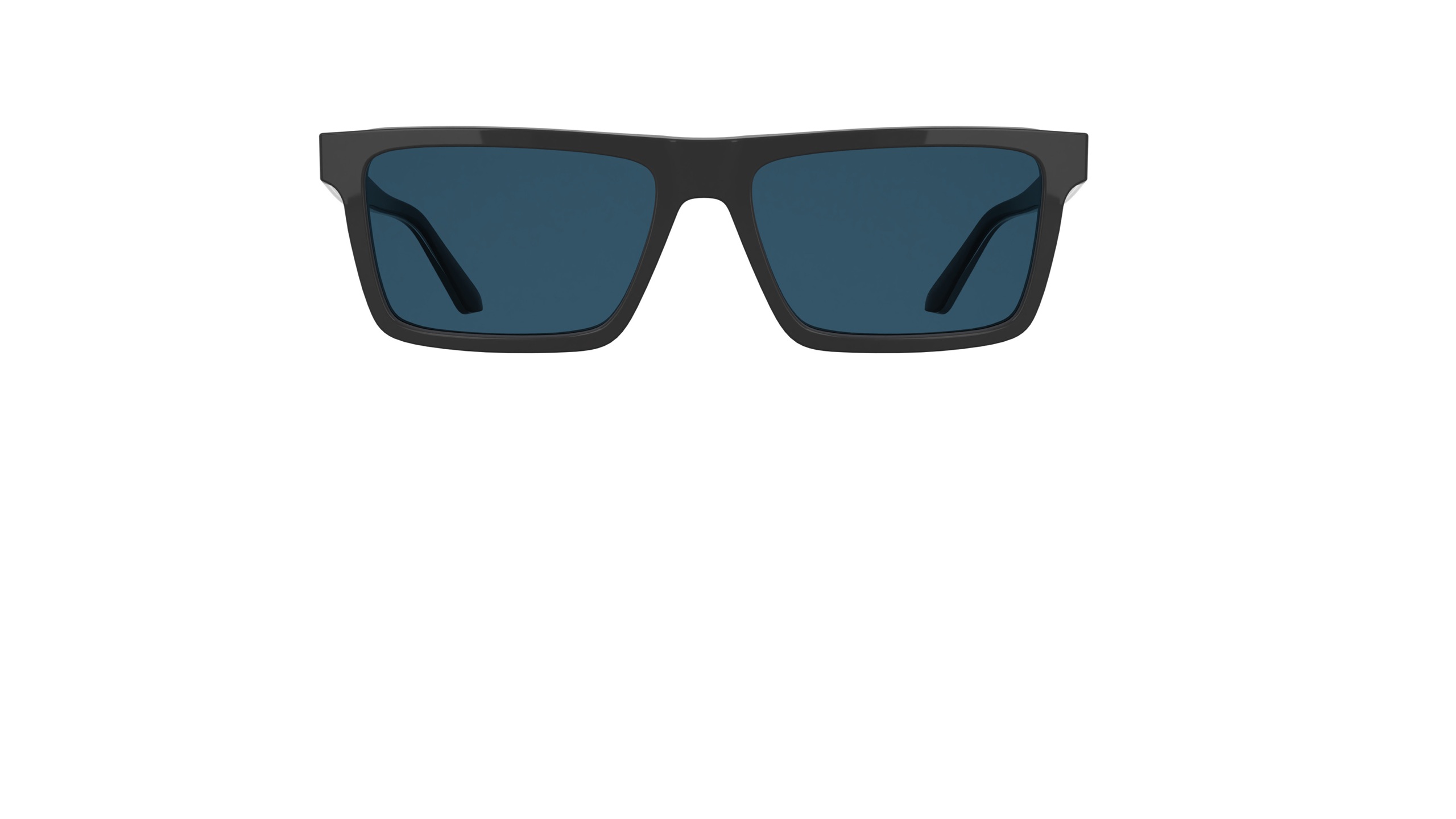 Calvin Klein CK26504S rectangular sunglasses in Black with dark blue lenses, front view, crafted from Acetate Renew with a slim refined profile