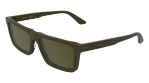 Calvin Klein CK26504S rectangular sunglasses in Khaki with olive mirror lenses, profile view showing laser-engraved allover logo pattern on the metal wire temple core and Calvin Klein metal sticker logo