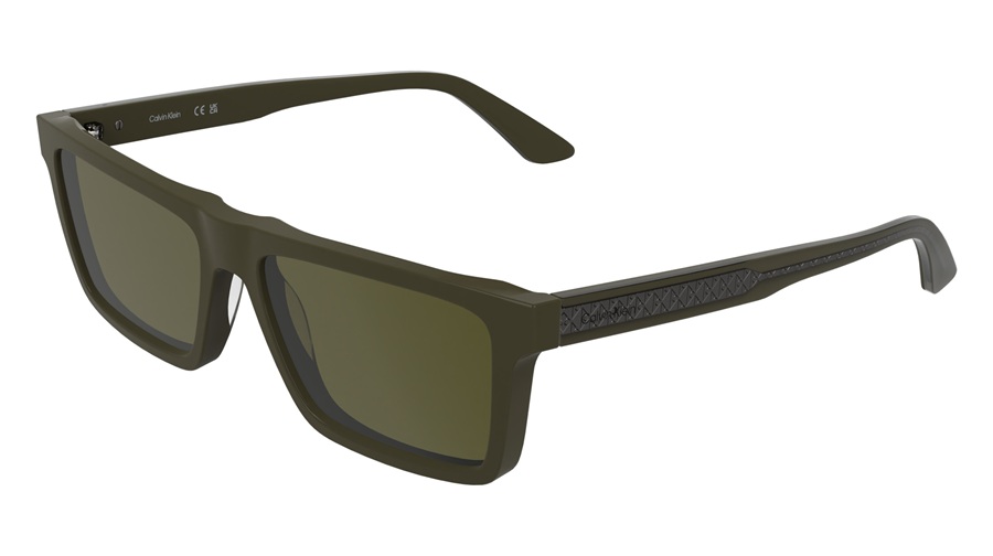 Calvin Klein CK26504S rectangular sunglasses in Khaki with olive mirror lenses, profile view showing laser-engraved allover logo pattern on the metal wire temple core and Calvin Klein metal sticker logo