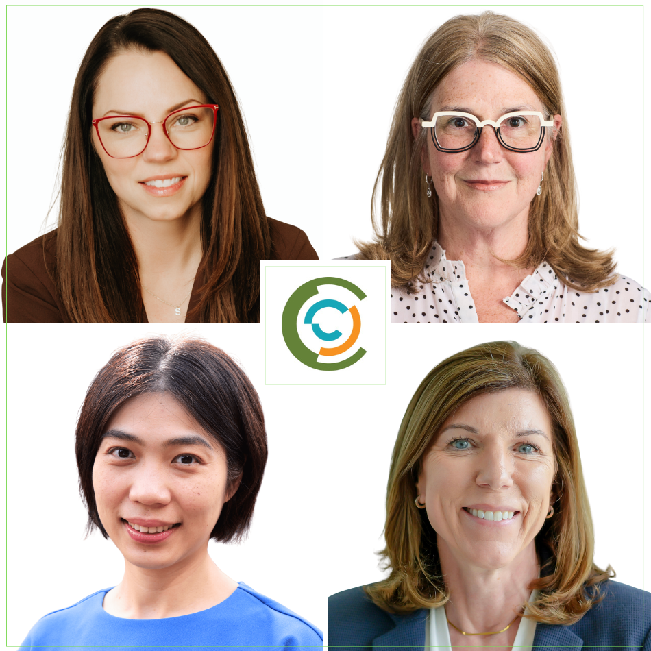 A collage of four professional headshots of women arranged in a two-by-two grid around the Contact Lens Update logo — a circular icon in green, teal, and orange. Top left: a woman with long brown hair wearing red-framed glasses. Top right: an older woman with shoulder-length blonde hair wearing black-and-white glasses. Bottom left: a woman with short dark hair wearing a blue top. Bottom right: a woman with medium-length blonde hair wearing a blazer.