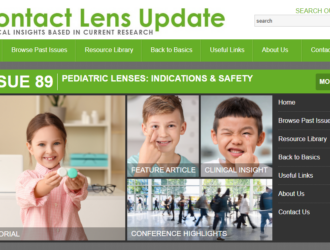 Screenshot of the Contact Lens Update website showing the homepage for Issue 89, titled "Pediatric Lenses: Indications & Safety." The page features three photos of children handling contact lenses, labeled Editorial, Feature Article, Clinical Insight, and Conference Highlights. The site navigation includes Home, Browse Past Issues, Resource Library, Back to Basics, Useful Links, About Us, and Contact Us.