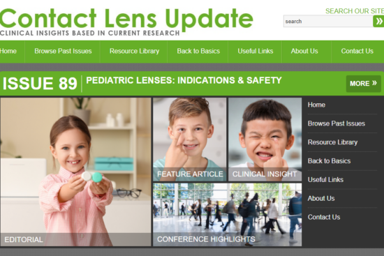 Screenshot of the Contact Lens Update website showing the homepage for Issue 89, titled "Pediatric Lenses: Indications & Safety." The page features three photos of children handling contact lenses, labeled Editorial, Feature Article, Clinical Insight, and Conference Highlights. The site navigation includes Home, Browse Past Issues, Resource Library, Back to Basics, Useful Links, About Us, and Contact Us.