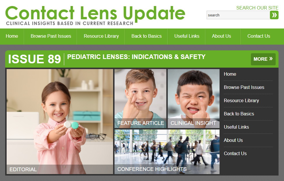 Screenshot of the Contact Lens Update website showing the homepage for Issue 89, titled "Pediatric Lenses: Indications & Safety." The page features three photos of children handling contact lenses, labeled Editorial, Feature Article, Clinical Insight, and Conference Highlights. The site navigation includes Home, Browse Past Issues, Resource Library, Back to Basics, Useful Links, About Us, and Contact Us.