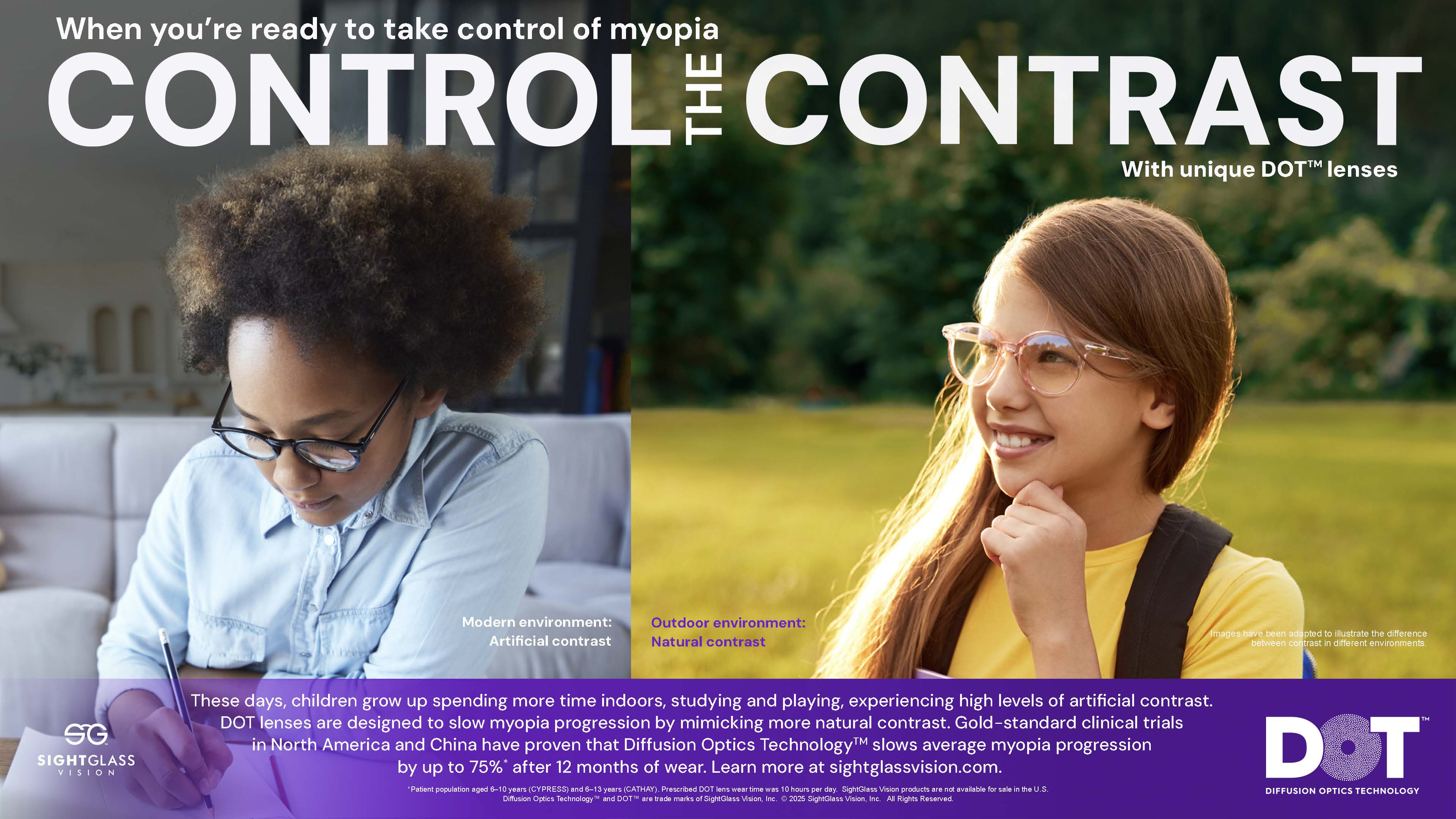 Promotional banner for SightGlass Vision's "Control the Contrast" campaign featuring two children wearing glasses — one studying indoors under artificial contrast, one outdoors in natural light — with text highlighting that DOT™ lenses slow myopia progression by up to 75% after 12 months of wear.
