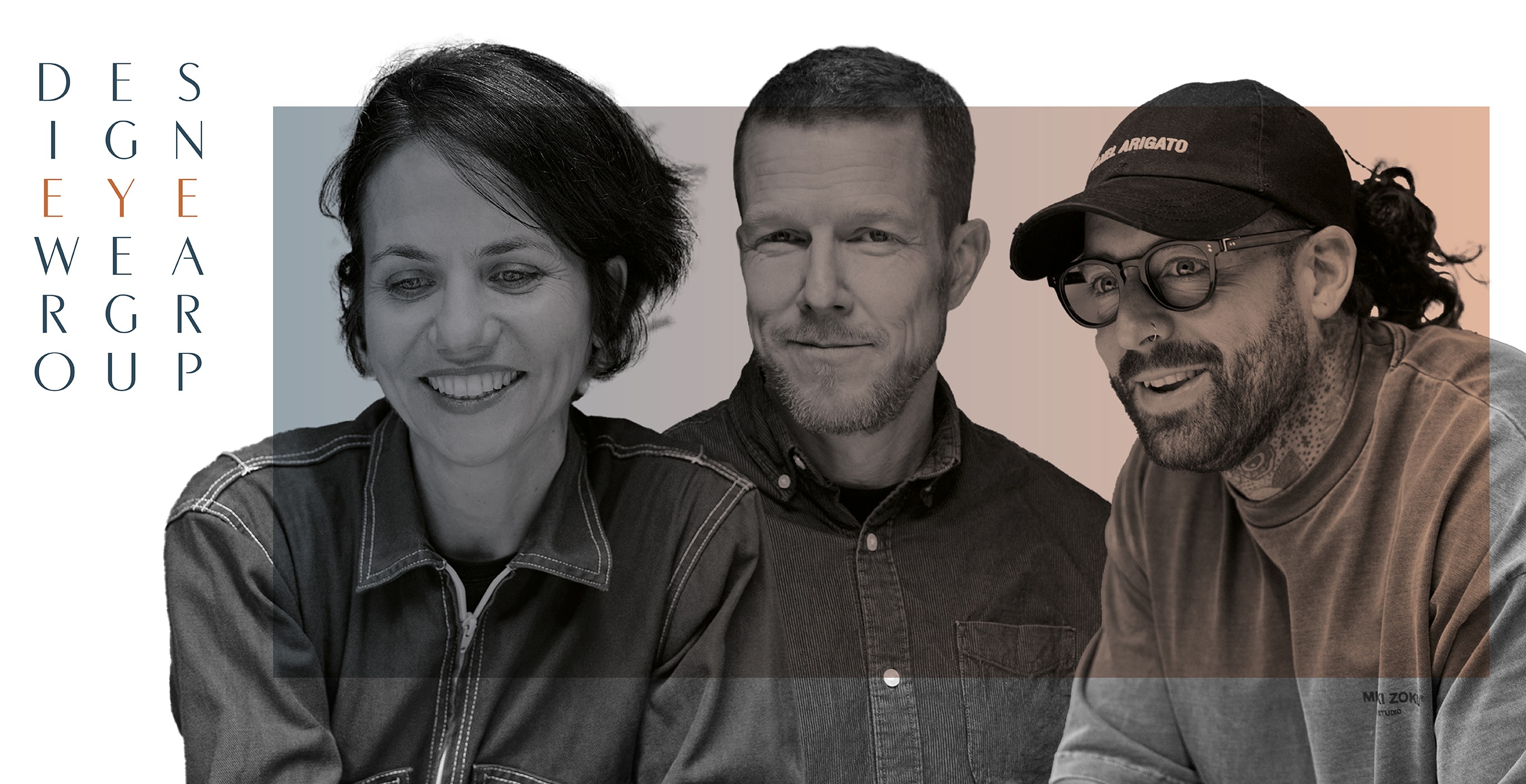 Trois designers eyewear — Marianne Dezes, Lau Ruge et George Eric Clarke — photographiés ensemble sur fond teinté, aux côtés du logo Design Eyewear Group