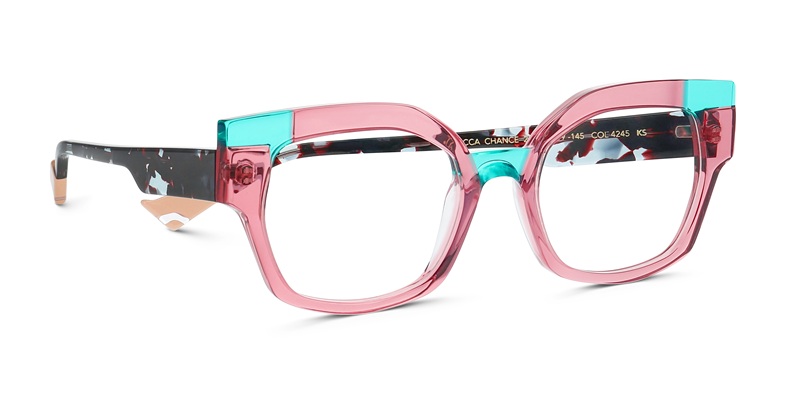 Bold square-frame eyeglasses in transparent pink and teal with contrasting dark tortoise temples, Face A Face Bocca Chance 2 collection