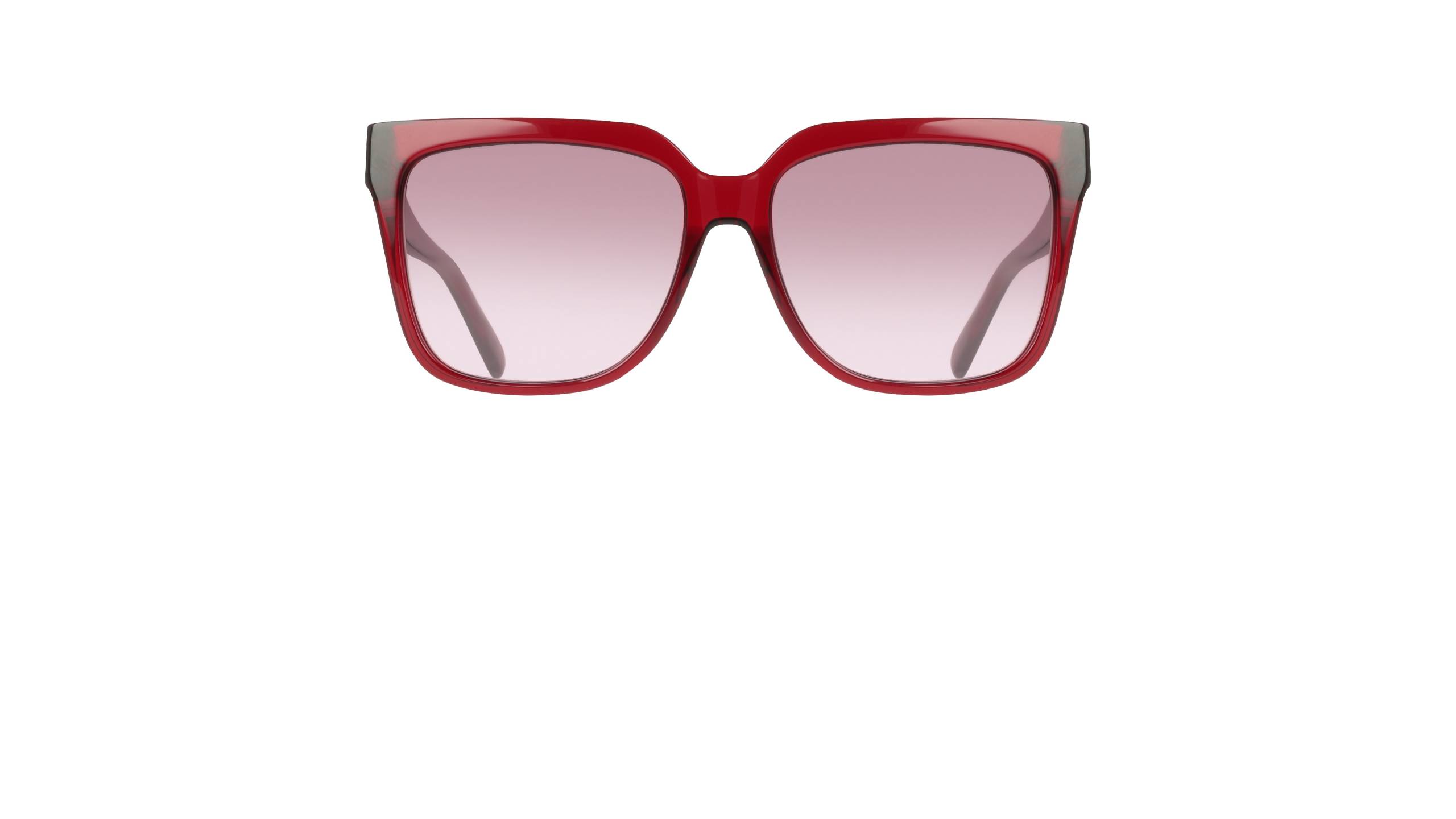 Lunettes de soleil Ferragamo SF2109S en Transparent Wine/Gradient Burgundy, présentées de face. La monture large et légèrement carrée en acétate rouge translucide profond laisse apparaître des branches grises sur les côtés. Les verres présentent un dégradé rose à blush.