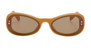 Lunettes de soleil Jacquemus à monture ovale en acétate caramel/miel chaud, avec verres marrons et détails dorés, vue de face sur fond blanc.