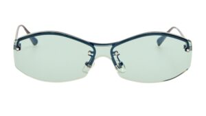 Lunettes de soleil Jacquemus sans monture avec une barre supérieure en métal bleu marine, branches fines et verres teintés vert clair, vue de face sur fond blanc.