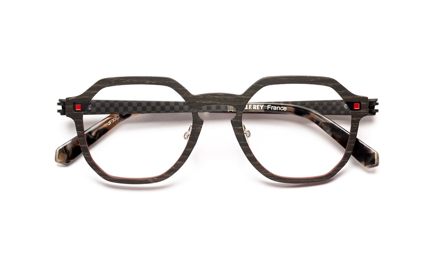 J.F. Rey JF3082 geometric frames in dark wood and carbon with red hinge accents