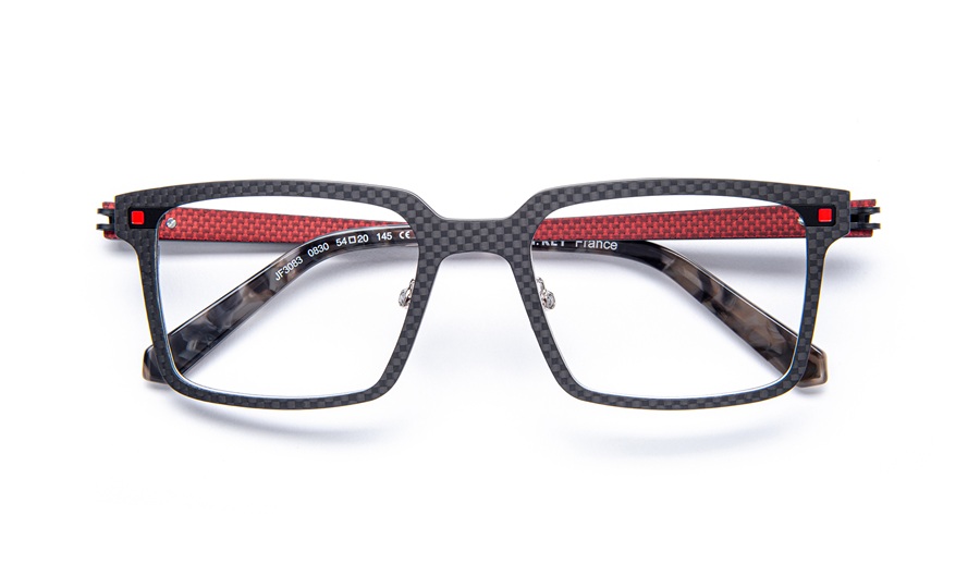 J.F. Rey JF3083 square frames in black carbon and red fiber with tortoise temples