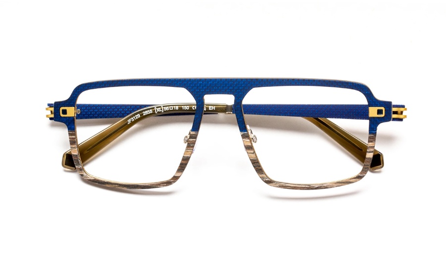 J.F. Rey JF3129 eyeglasses in blue carbon with wood lower rims and gold hinges