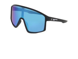 Lunettes de soleil Karl Lagerfeld Jeans x Dragon modèle Amped à monture bouclier noir mat avec verres miroir ion bleu néon, logo co-brandé Karl Lagerfeld Jeans x Dragon sur la branche et le verre. Collaboration Printemps-Été 2026.