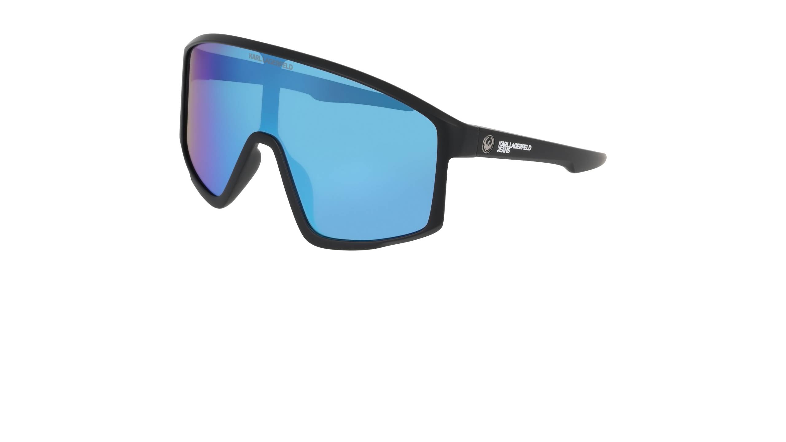 Lunettes de soleil Karl Lagerfeld Jeans x Dragon modèle Amped à monture bouclier noir mat avec verres miroir ion bleu néon, logo co-brandé Karl Lagerfeld Jeans x Dragon sur la branche et le verre. Collaboration Printemps-Été 2026.