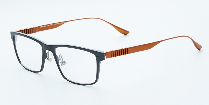 Lunettes rectangulaires en métal gris mat avec branches souples brun cuivré et zone flexible nervurée apparente, collection Prodesign Denmark PROFLEX 5