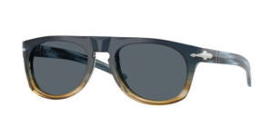 Lunettes de soleil Persol x Cassina en édition limitée collector, monture en acétate dégradé bleu à miel, verres gris foncé et détail flèche argenté sur les branches — l'une des 500 pièces numérotées issues de la collaboration.