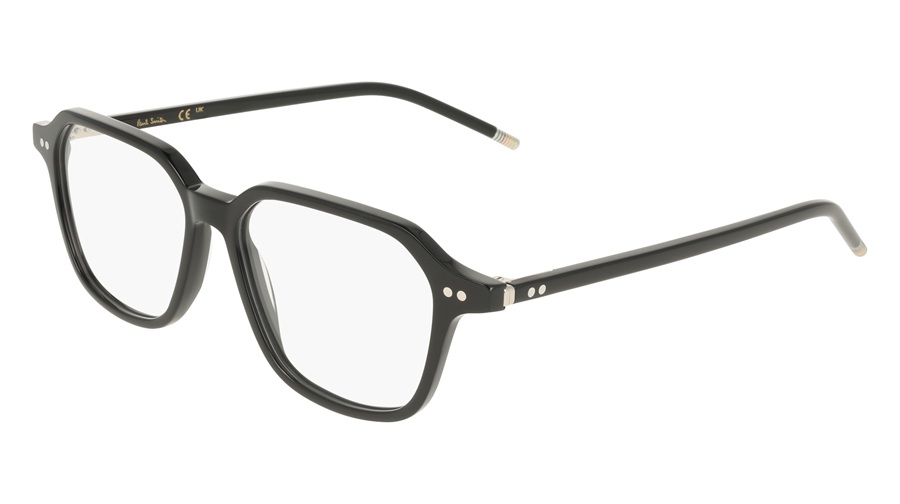 Paul Smith square-frame optical glasses in gloss black acetate with clear lenses, silver rivet accents at the hinges, and striped temple tips, shown in three-quarter profile view.