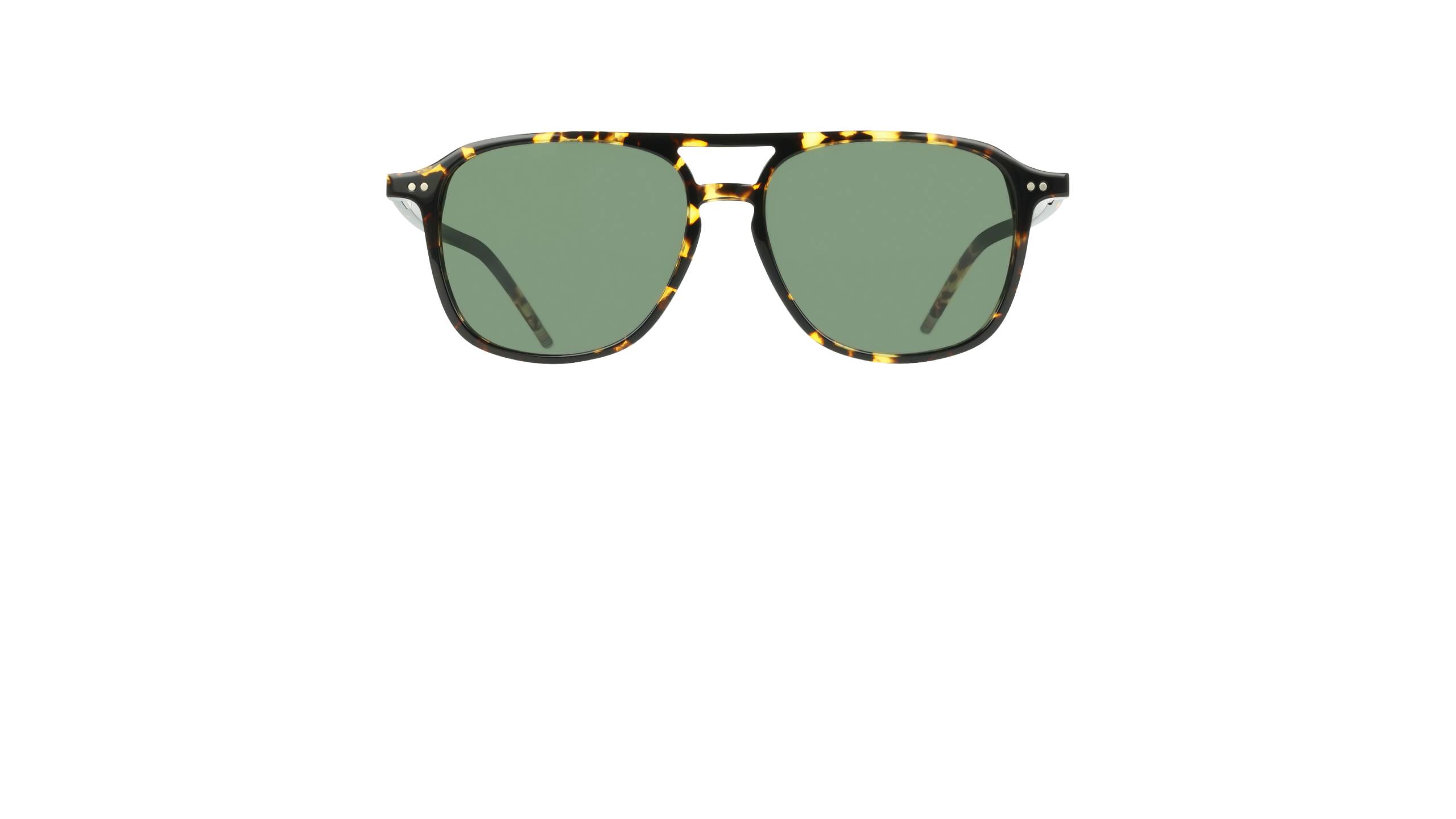 Lunettes de soleil Paul Smith de style aviateur en acétate écaille de tortue foncé, double pont, rivets argentés et verres teintés vert uni, vue de face.