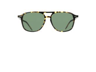 Paul Smith aviator-style sunglasses with dark tortoiseshell acetate frames, a double bridge, silver rivet details, and solid green-tinted lenses, shown from the front.