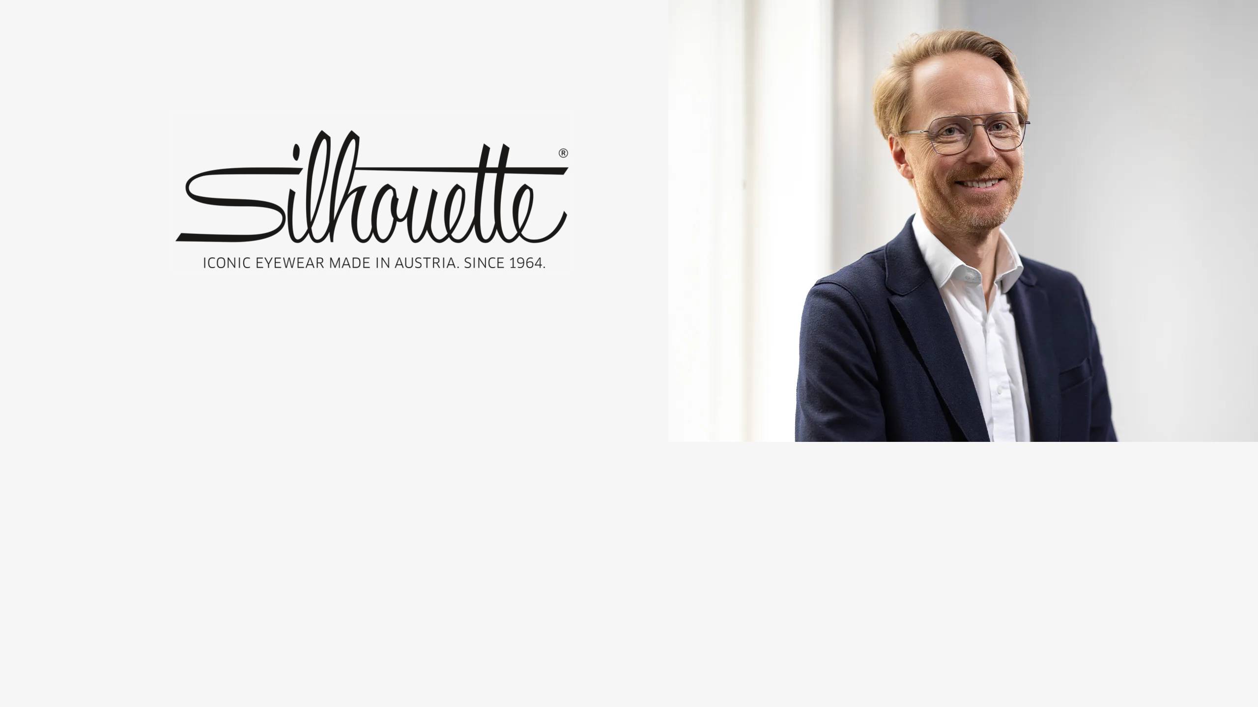 Portrait of Christian Bachler, CEO of the Silhouette Group, next to the Silhouette eyewear logo.