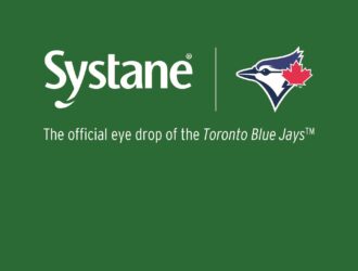 Systane® logo beside the Toronto Blue Jays™ logo on a green background. Text reads: "The official eye drop of the Toronto Blue Jays™"